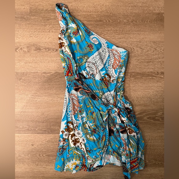 Dresses & Skirts - Elegant Blue Paisley One-Shoulder Dress